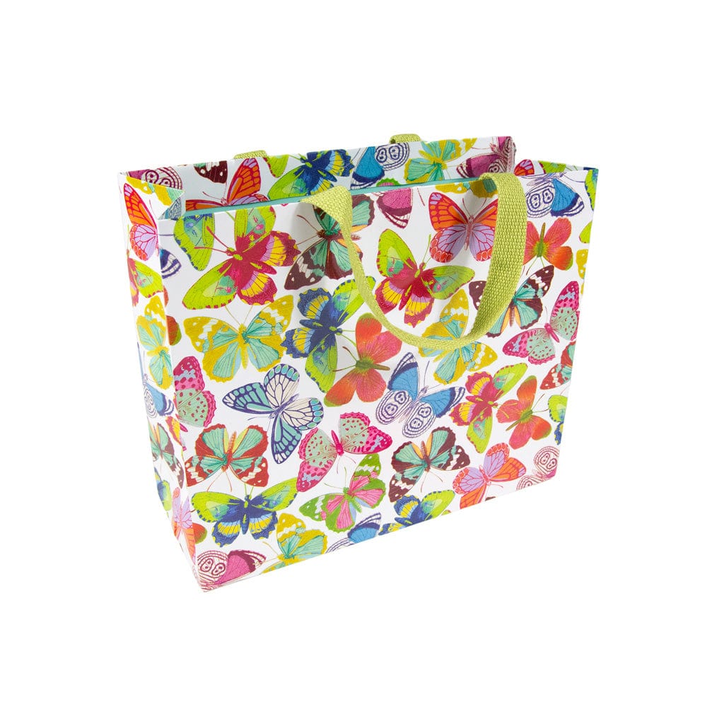 Large horizontal gift bag with butterfly print on durable paper featuring a strong carrying handle.