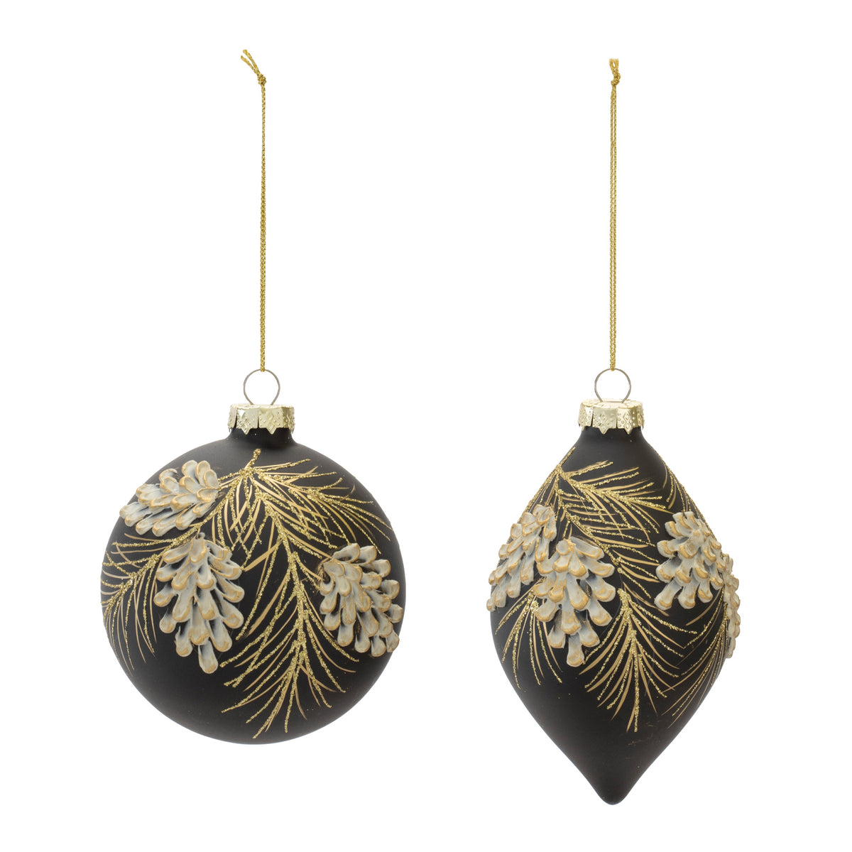 Matte black glass ornaments with gold pine needles and white pine cone accents, sold individually.