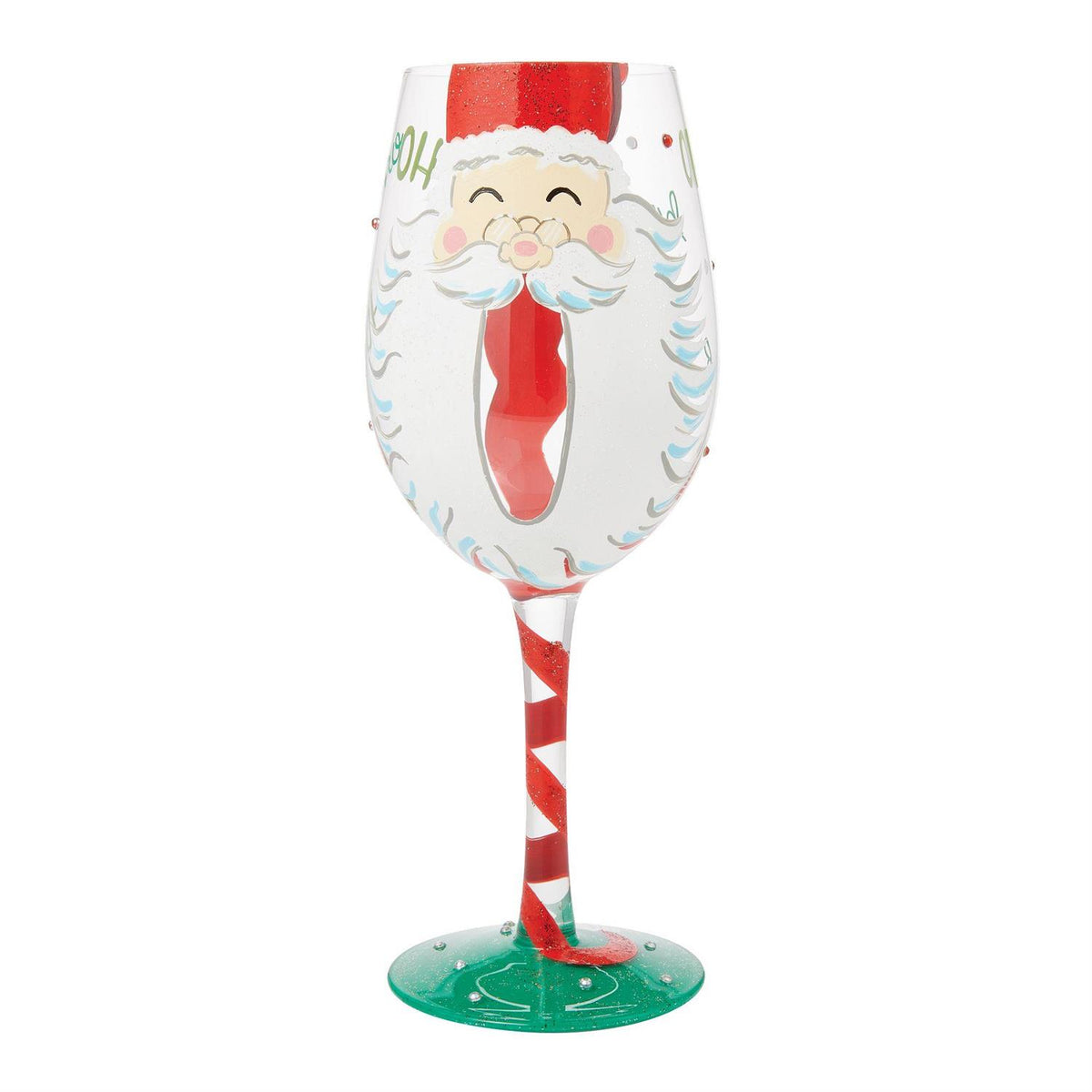 Colorful Lolita wine glass with hand-painted designs, glitter accents, and a cocktail recipe printed on the base.