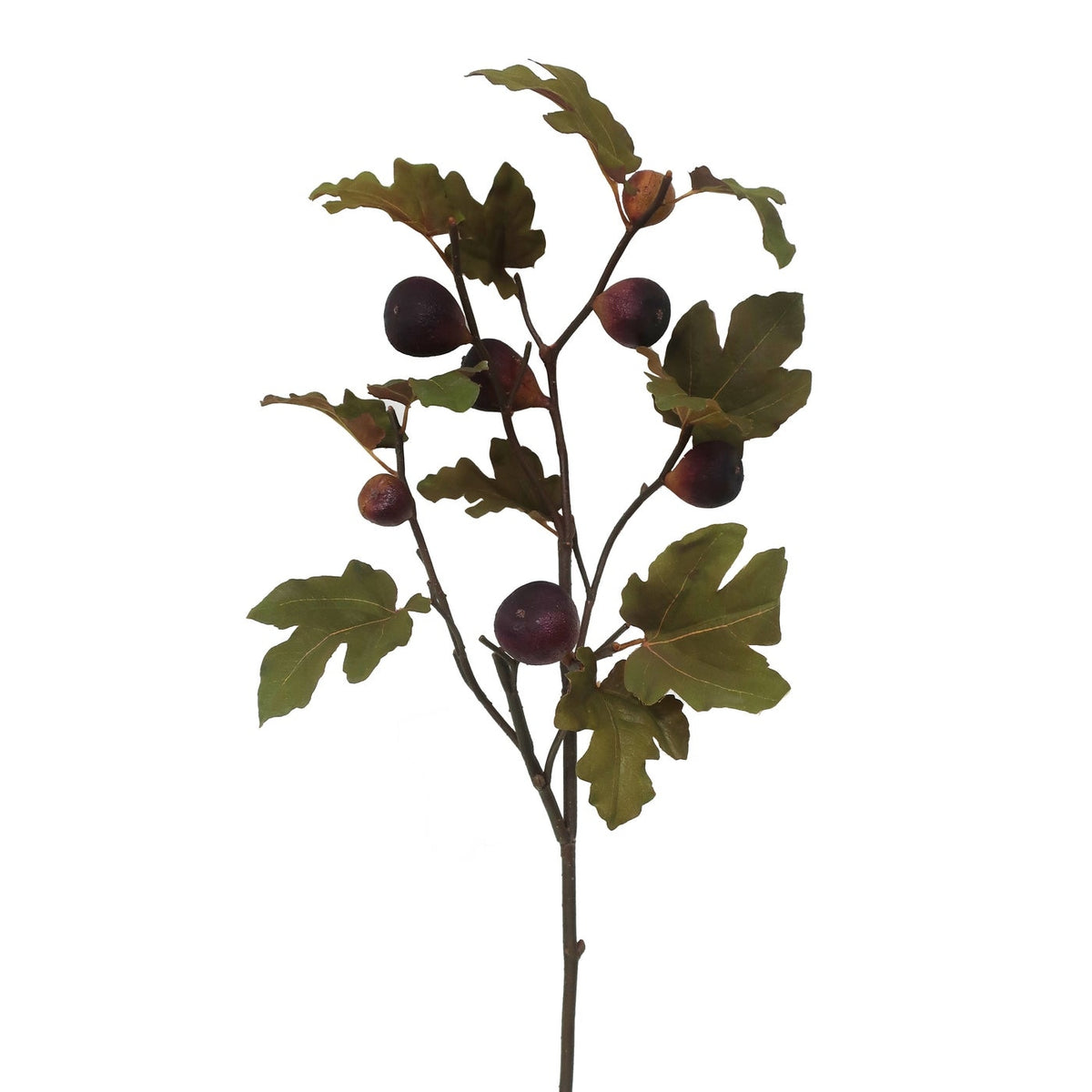 37-inch faux dry fig branch with deep purple eggplant-colored fruits and olive green leaves.