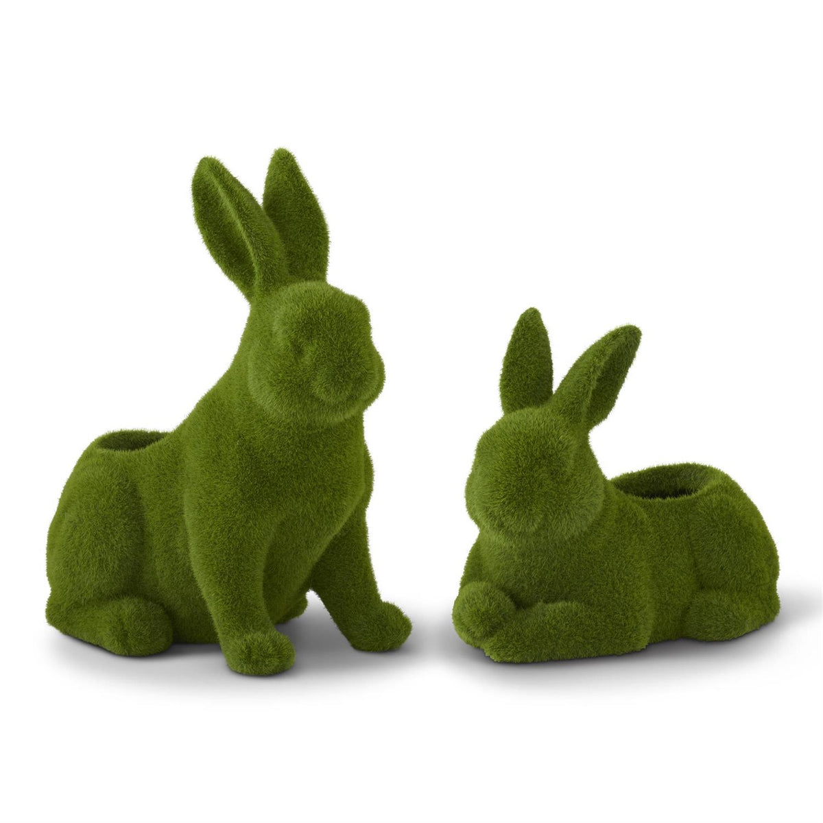 Green flocked resin mossy rabbit planter container with drainage holes