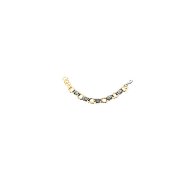 Mixed metal link bracelet with alternating smooth gold and textured silver oval links.