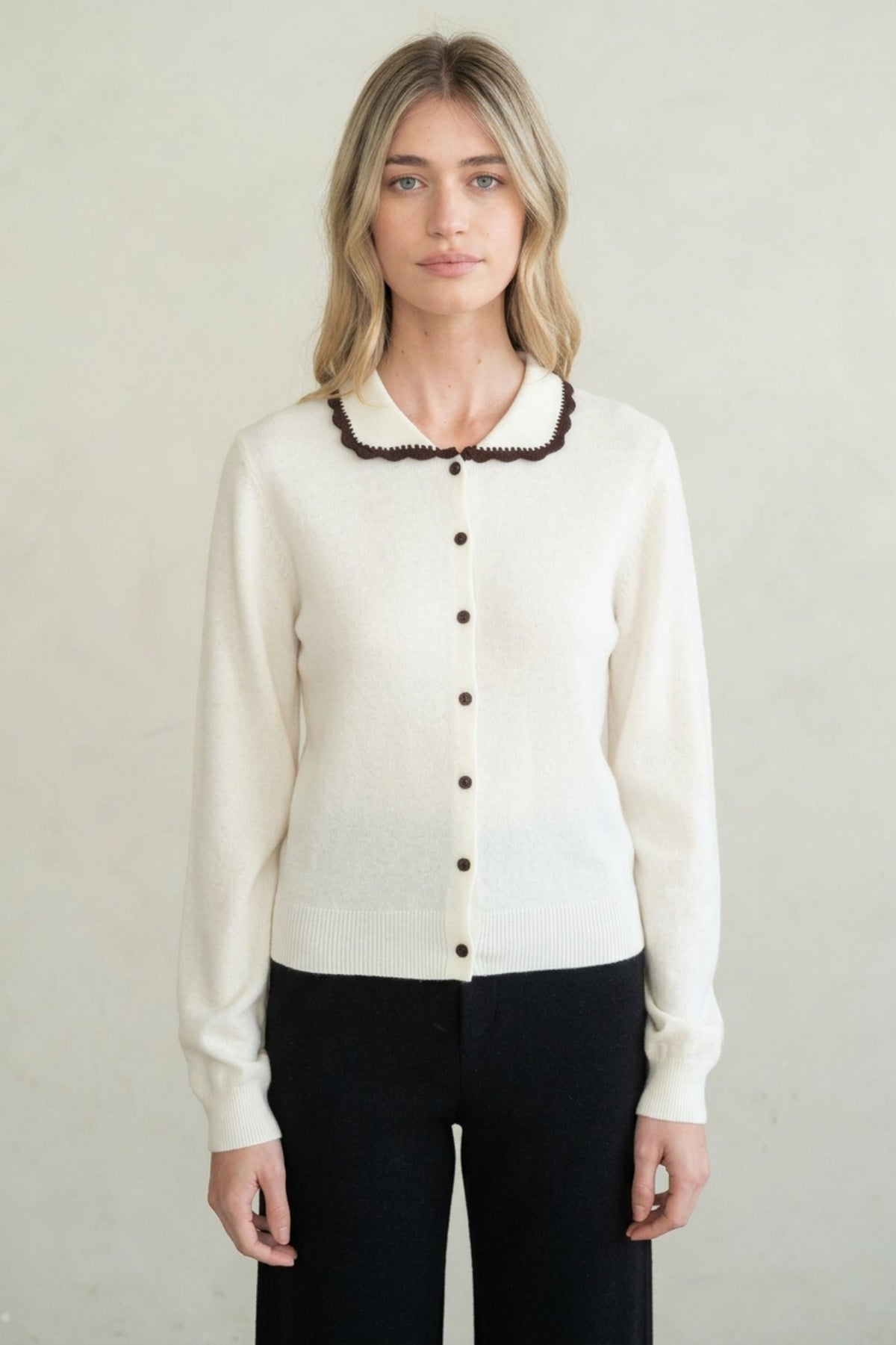 Lucy Contrast Scalloped Collar Cardigan in soft fine-gauge knit with button-front closure and ribbed cuffs.