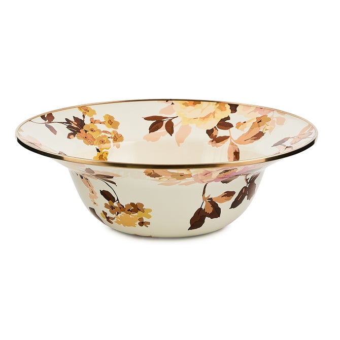 Wild Rose White Serving Bowl with floral patterns and a gold rim on a white background.