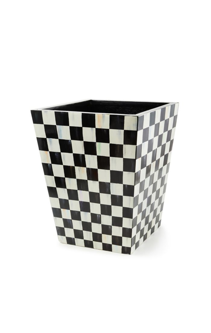 Courtly Check 20-inch square planter with a black and white checkered pattern.