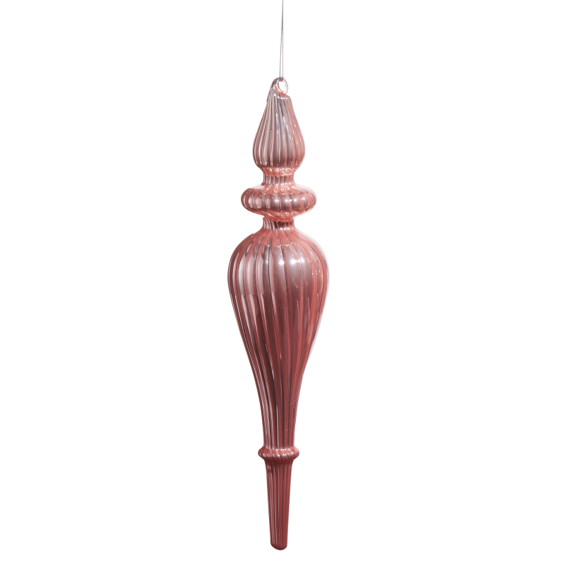 11.75-inch elegant pink glass finial ornament with a ribbed texture and graceful silhouette.