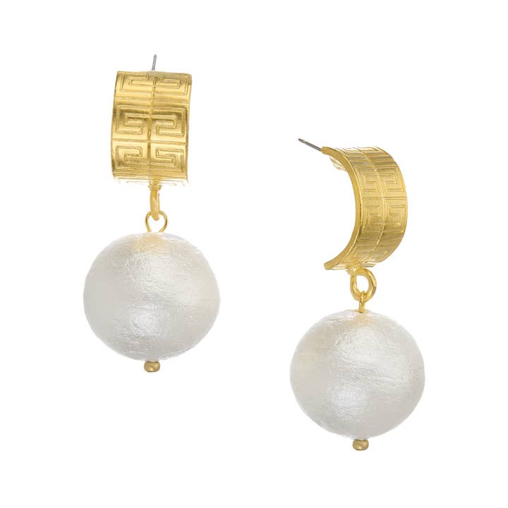 Gold key pattern hoop earrings with large white cotton pearl drops.
