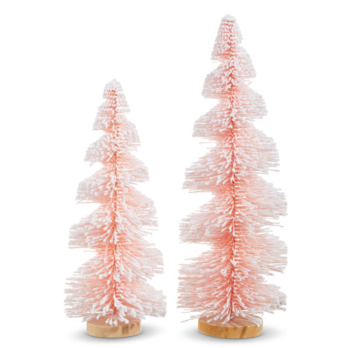 Pink PVC bottle brush tree with wood accents in a snowy winter pattern