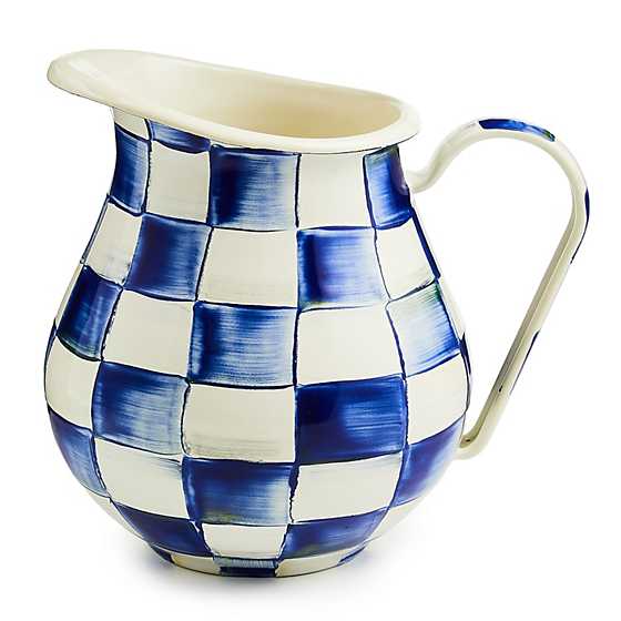Hand-glazed steel pitcher with Royal Check enamel decoration featuring a checkered pattern in royal blue and white.