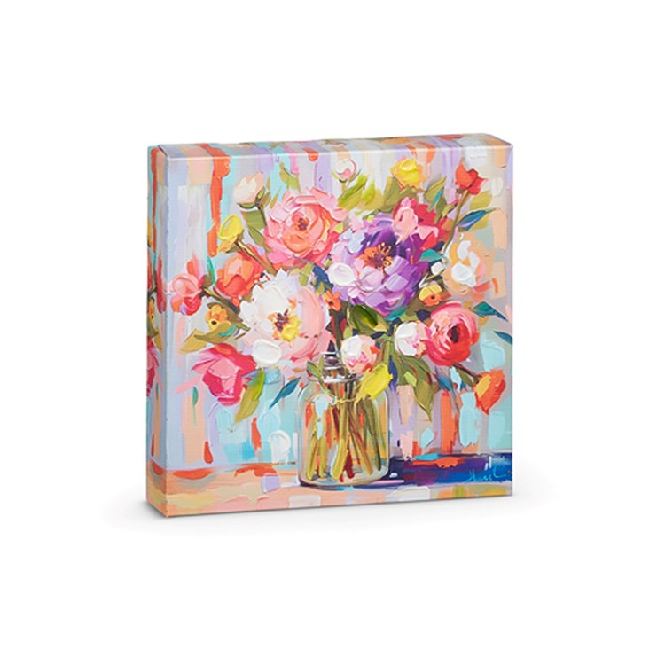 6-inch square MDF wall art featuring a floral canvas print with colorful flowers on a neutral background.