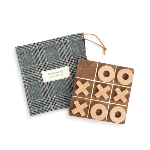 Wooden tic-tac-toe set with plaid storage bag. Includes wooden X and O pieces.