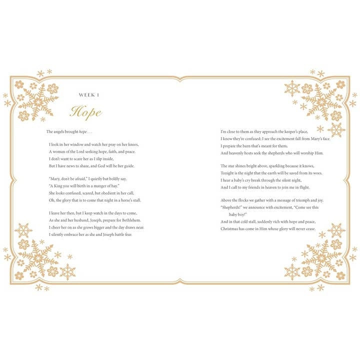Open page of Anne Neilson's Christmas Angels devotional book with gold snowflake border and text.
