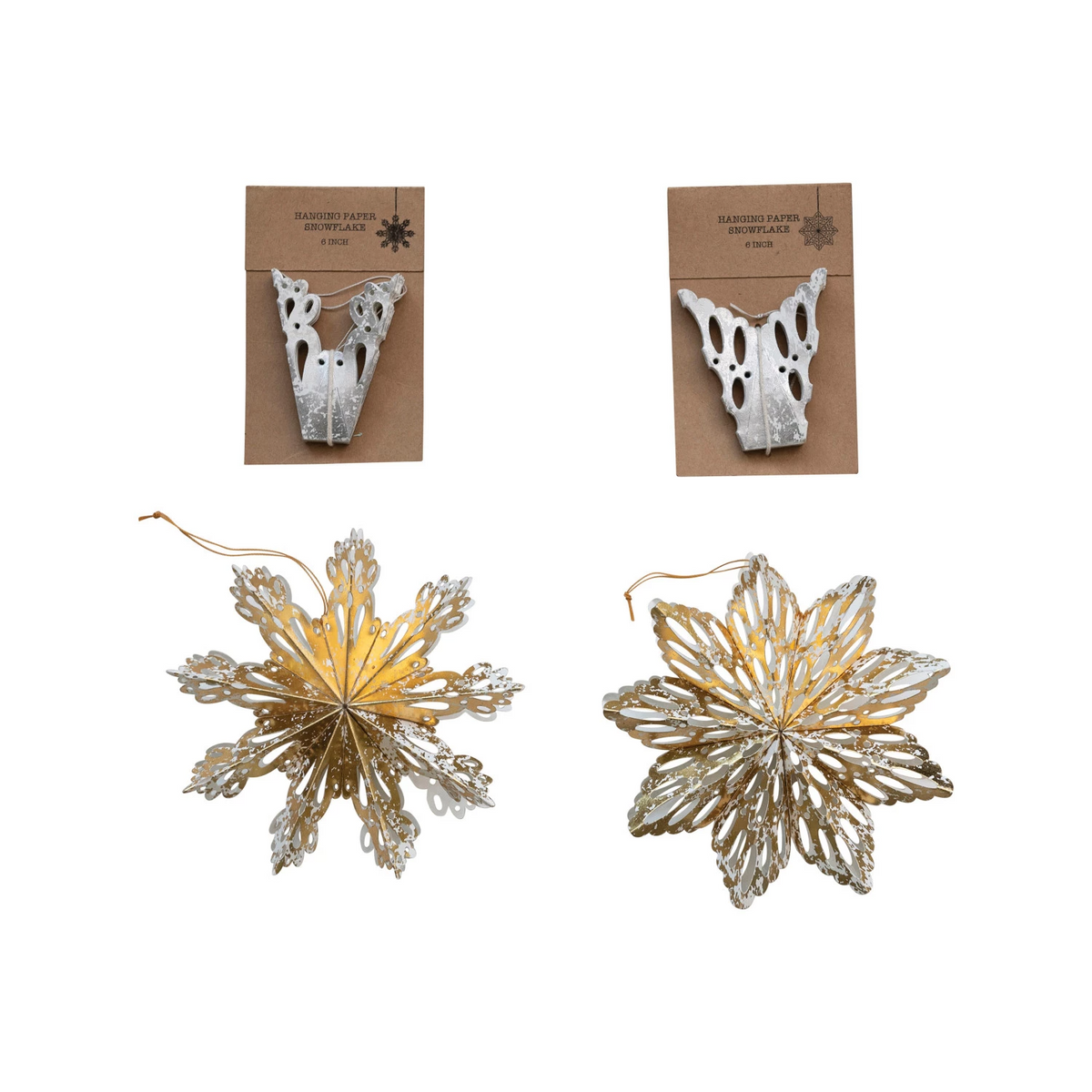Handmade recycled paper folding snowflake ornament in white with intricate cut-out patterns.