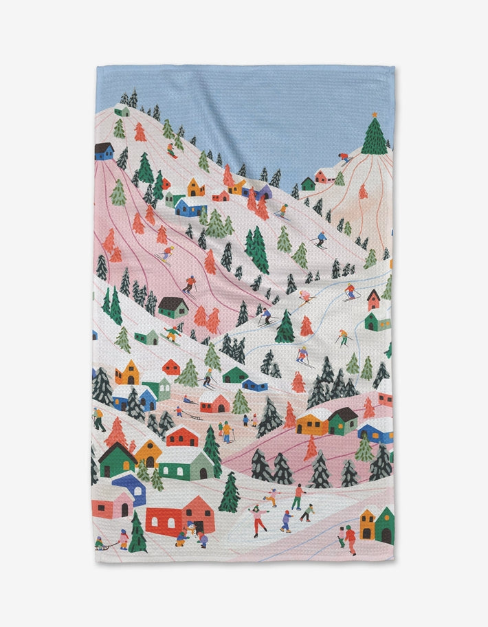 Holiday tea towel with waffle weave construction in red featuring a festive snowman pattern.
