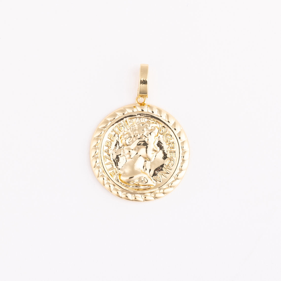 Charm Luxe Sophie Vintage Coin pendant in gold-tone metal with a vintage coin silhouette and textured surface.