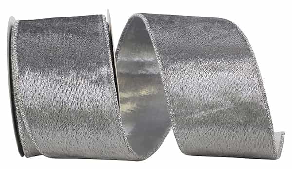 2.5 inch wide silver velvet ribbon with wired edges on a 10 yard spool.