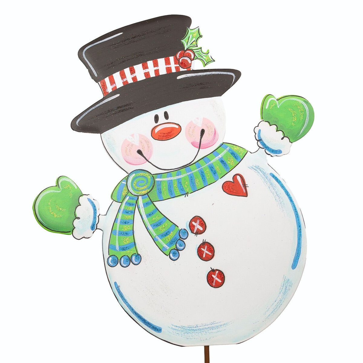 Green knitted scarf with white snowman motif on a stake stand