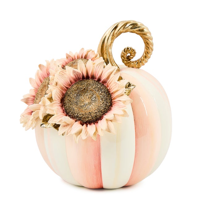 Rosy Stripe Small Sunflower Pumpkin gourd with blush stripes and pink sunflower accents
