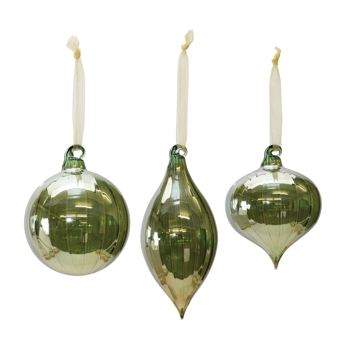 Three green glass ornaments in round, teardrop, and onion shapes with sheer hanging ribbons.