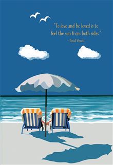 Anniversary card with glitter embossing showing two beach chairs outside.