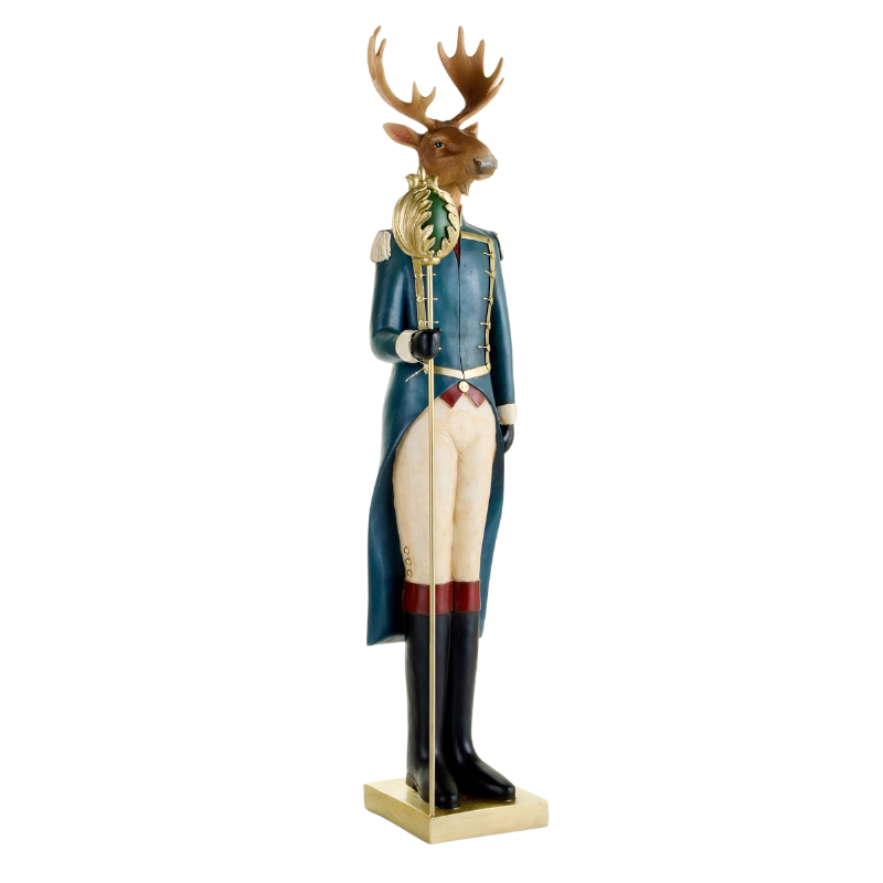 32-inch resin woodland soldier figurine with a moose head, blue uniform, and gold staff.