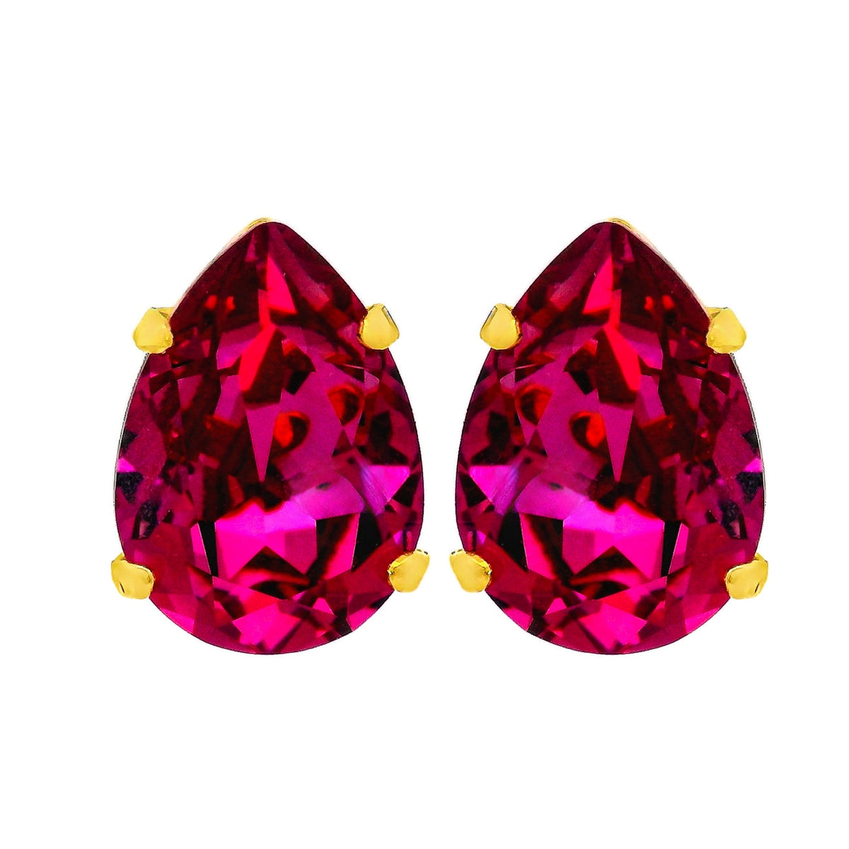 Lumi Studs Earrings featuring pear-cut magenta crystals in gold-tone prong settings.