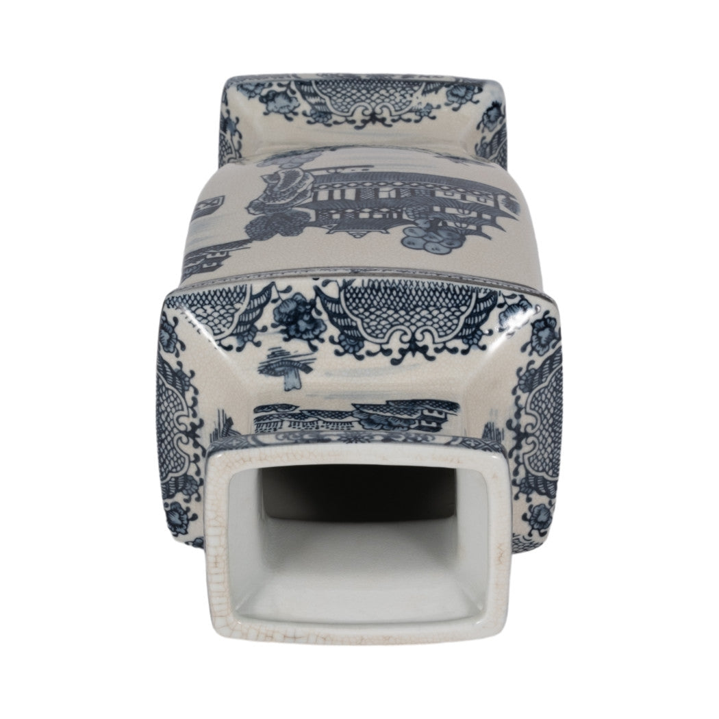 Top view of a 15-inch blue and white ceramic chinoiserie temple vase with a rectangular opening.