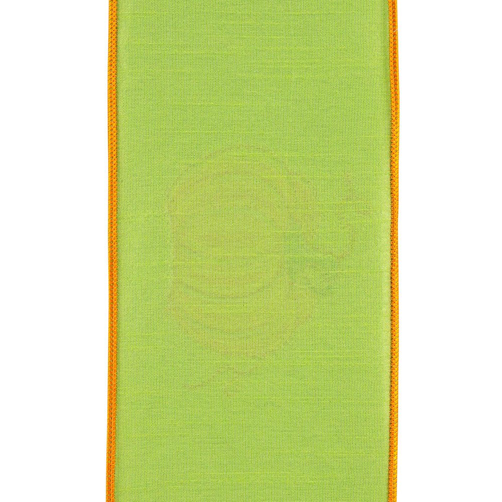 4 inch wide citrus green wired edge ribbon with orange stitched borders.
