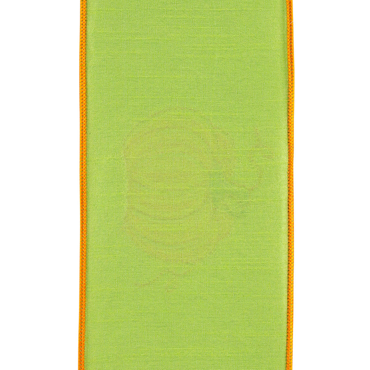 4 inch wide citrus green wired edge ribbon with orange stitched borders.
