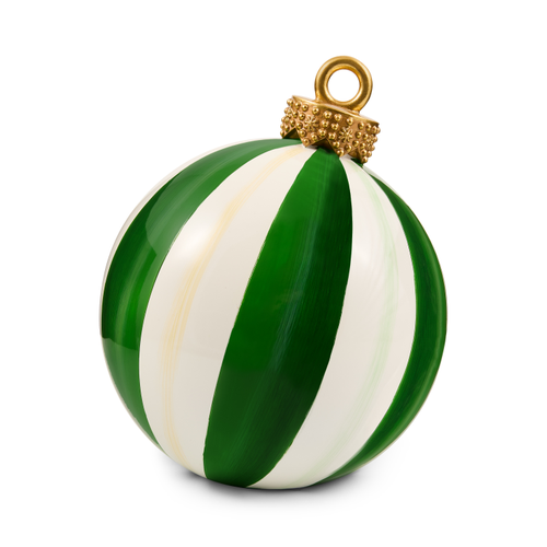 Stripe Medium Tabletop Ornament with green and white vertical stripes and a gold decorative cap.