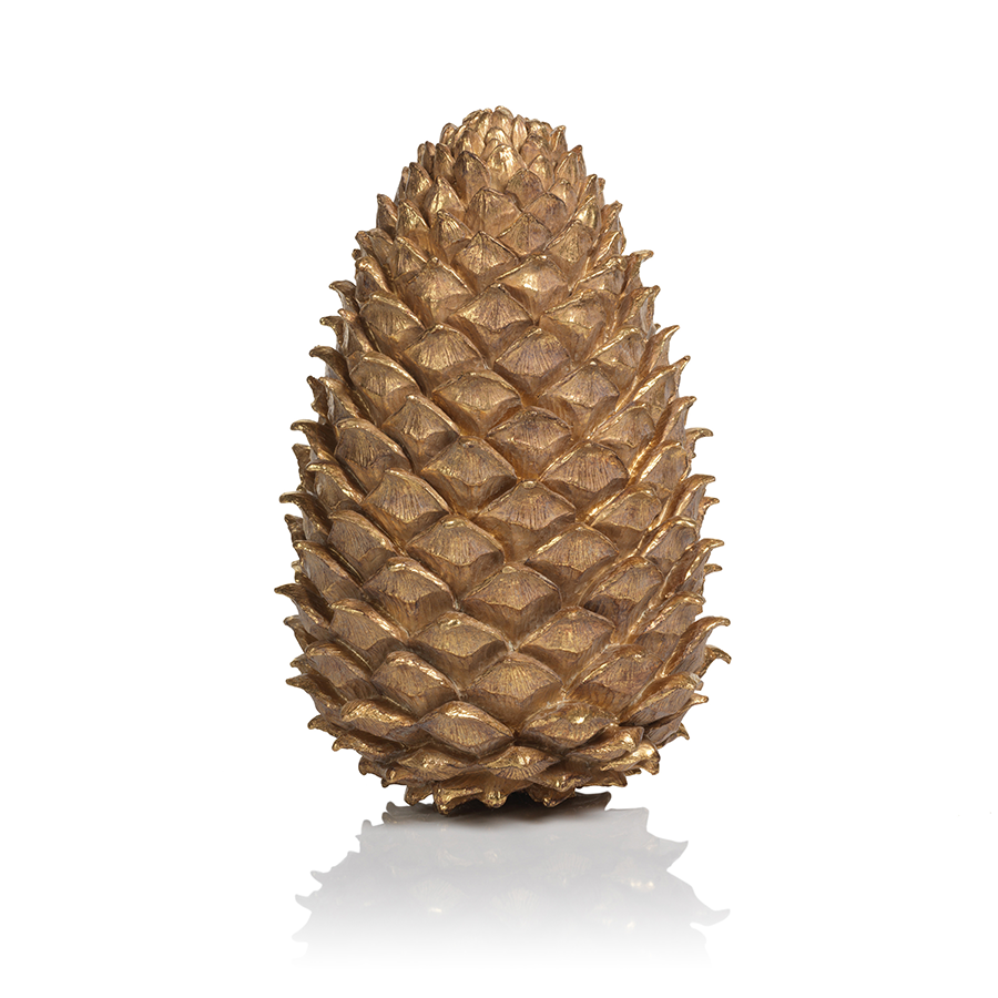 Golden polyresin decorative pine cone with a refined festive silhouette.