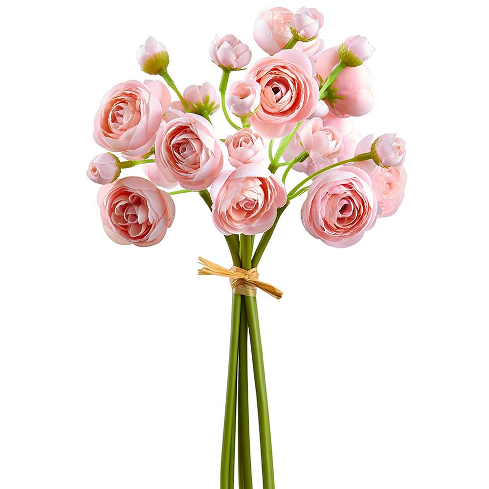 Bundle of ten-inch artificial ranunculus flowers in plastic with glue backing.