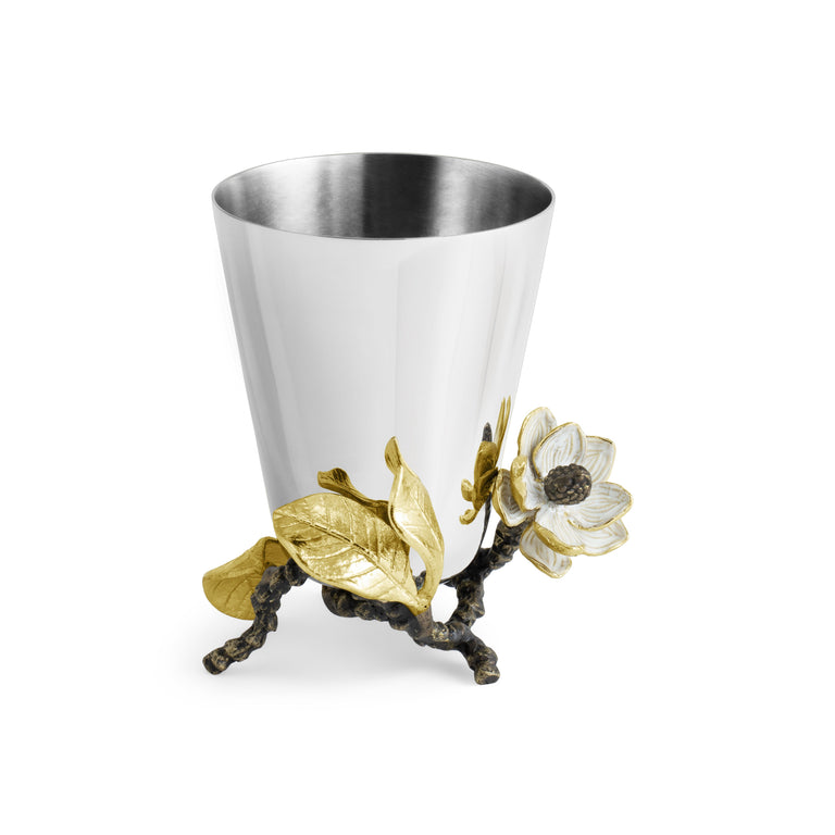 Vintage Bloom Footed Bud Vase with stainless steel cup and brass floral base with white enamel.