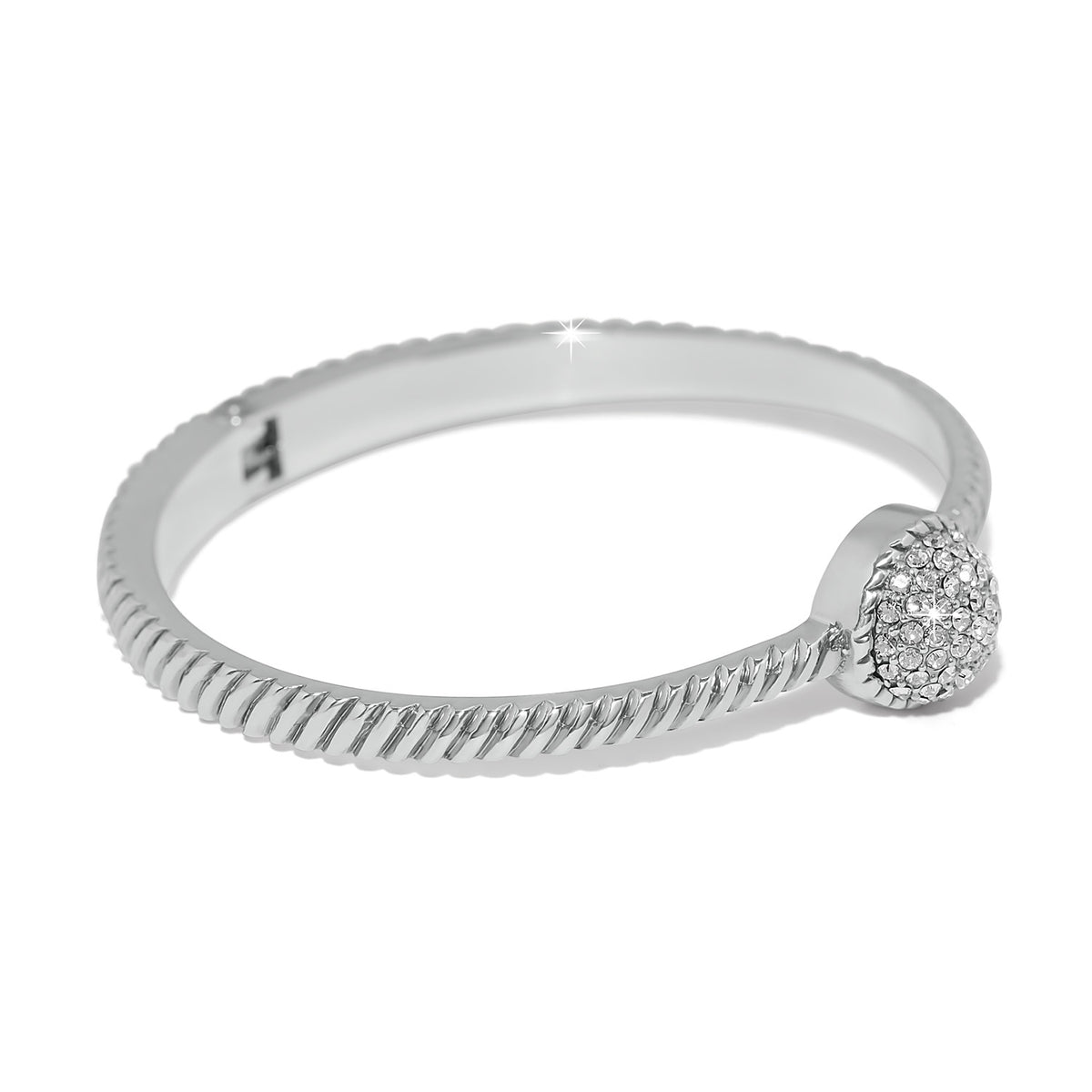Silver plated Illumina Celeste hinged bangle with a pavé crystal dome and roped texture.