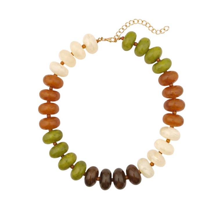 Carissa Beaded Necklace featuring large, glossy marbled beads in green, brown, and cream tones.