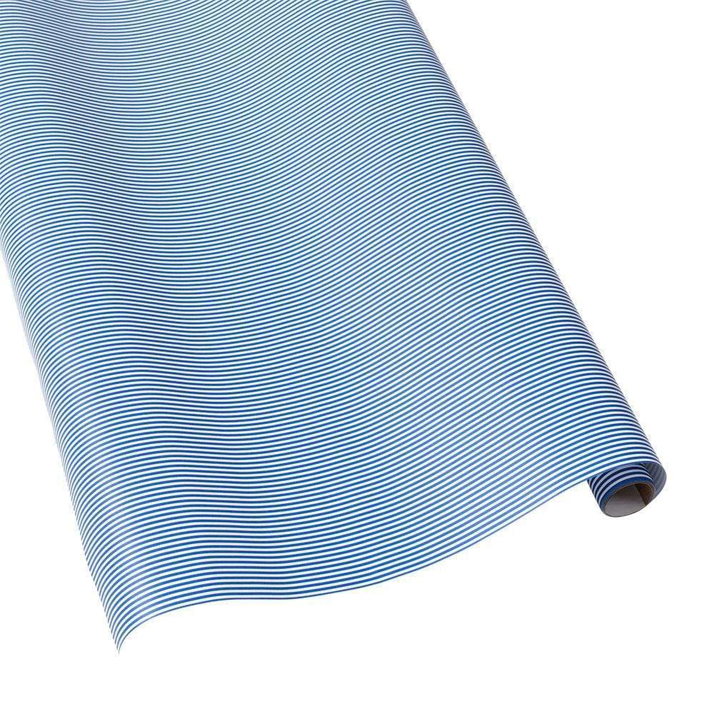 Blue and white striped gift wrapping paper roll with Oxford stripe pattern.
