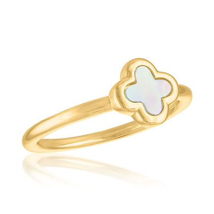Gold layer ring with iridescent clover patterns on a natural stone silhouette.