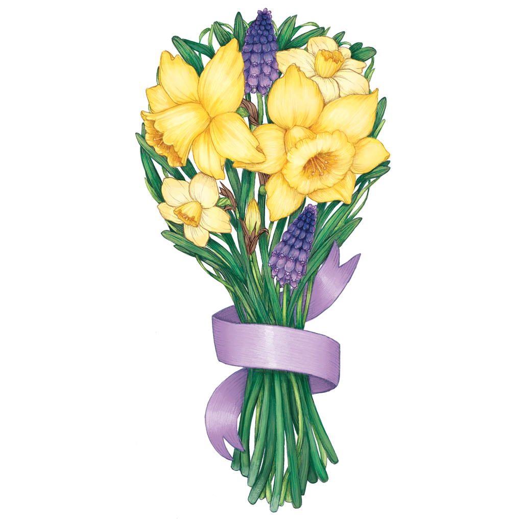 Daffodil-colored table accent tag with floral motif on white background