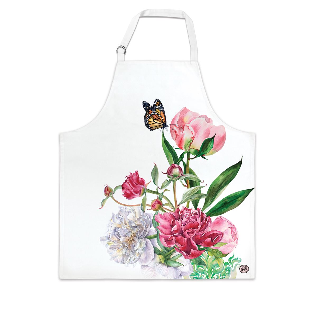 White cotton chef apron with adjustable neck straps featuring metal double D-rings.