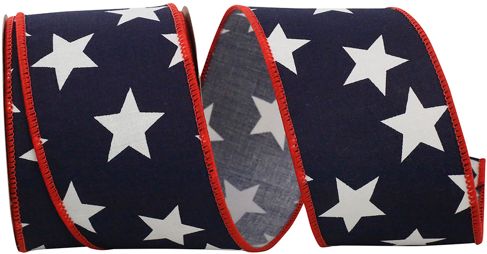 Large navy blue wired-edge stars with red accents on a polyester fabric roll.