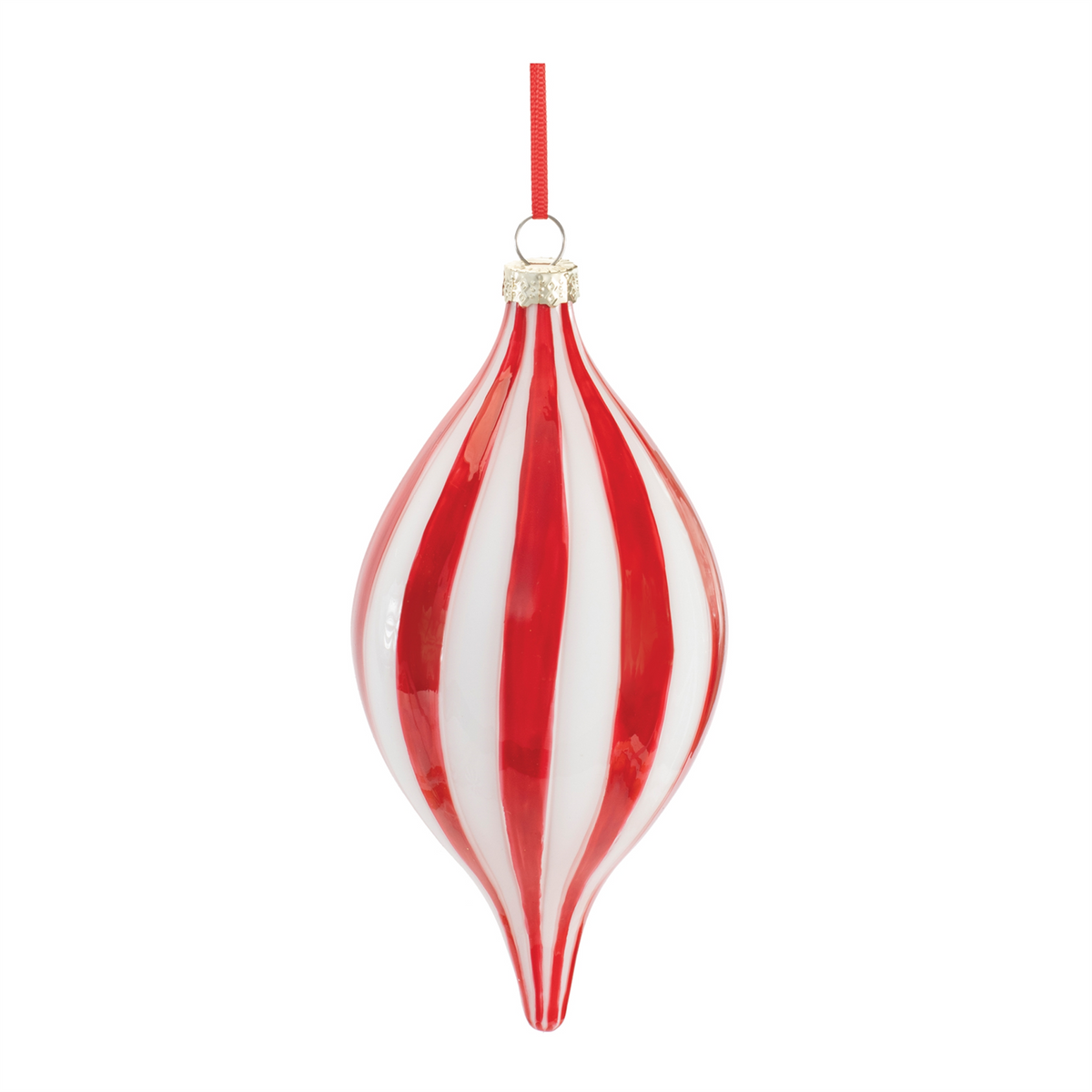 Red and white striped teardrop-shaped glass Christmas ornament with a red hanging ribbon.