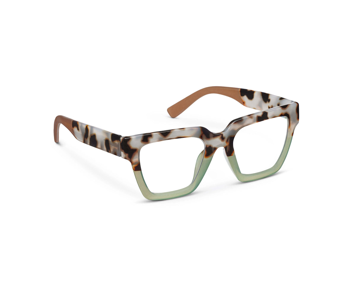 Take A Bow eyeglasses in chai tortoise green recycled polycarbonate frame with blue light focus lenses