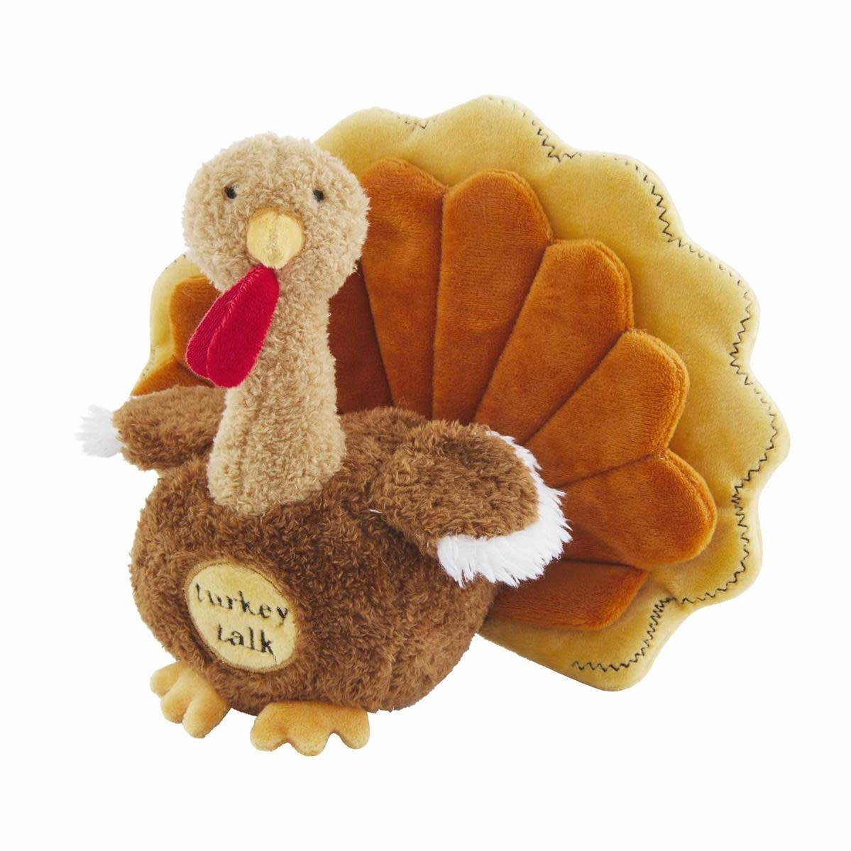 Talking Turkey plush toy in brown chenille with minky fabric body.
