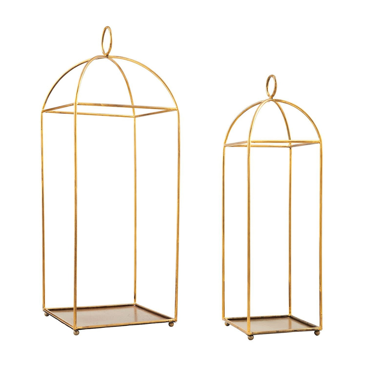 Tall brass lantern with a cylindrical metal body and openwork detailing.