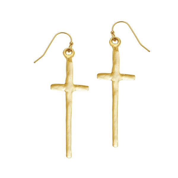 Tall cross earrings in triple-plated 24K gold with an elongated handmade silhouette.