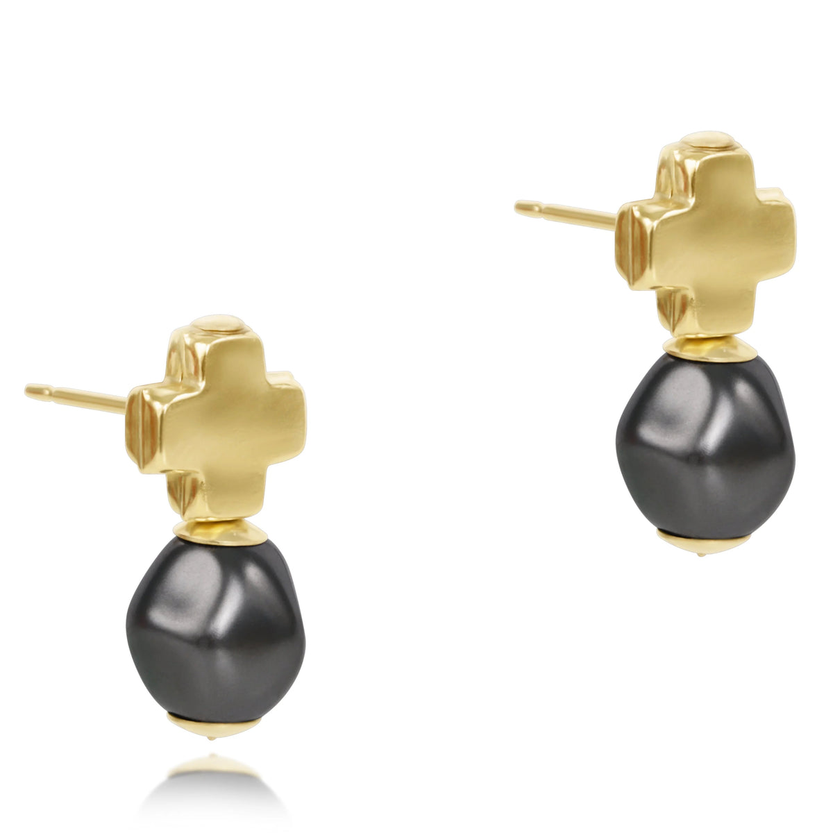Pair of gold cross stud earrings featuring dark grey baroque pearl drops.