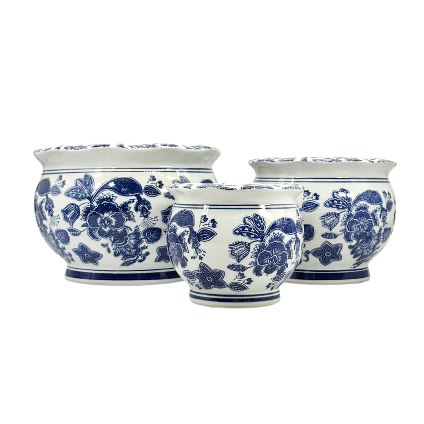 Round blue and white ceramic planter with chinoiserie fluting pattern