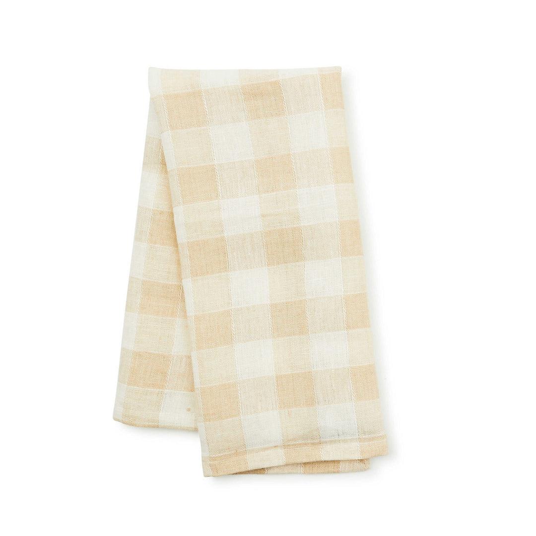 Tan checkered linen dish towel with a rectangular shape.