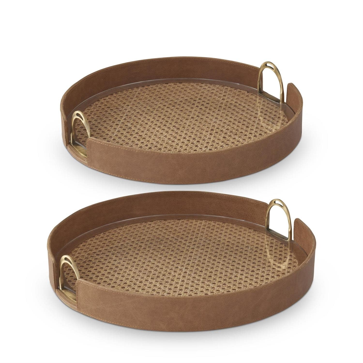 Tan leather tray with cane accents, stirrup handles, acrylic glass insert on MDF base.