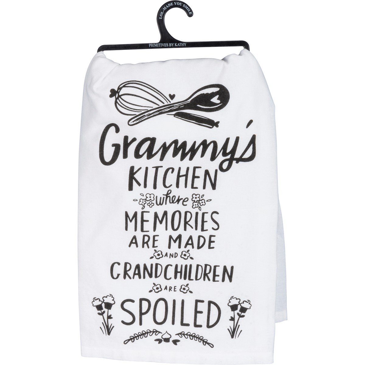 White cotton kitchen towel with black text reading Grammy's Kitchen and illustrations of utensils.